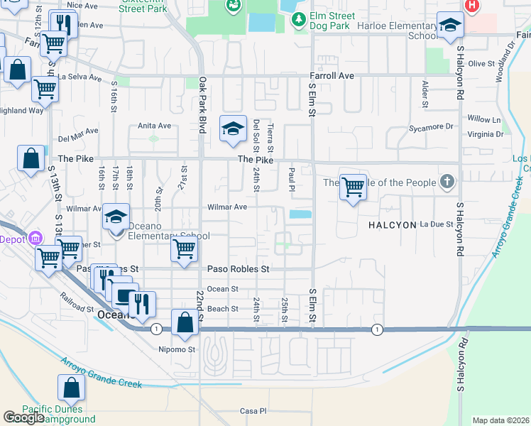 map of restaurants, bars, coffee shops, grocery stores, and more near 1420 Ronald Way in Oceano