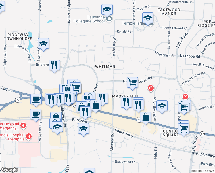 map of restaurants, bars, coffee shops, grocery stores, and more near 1625 West Massey Road in Memphis