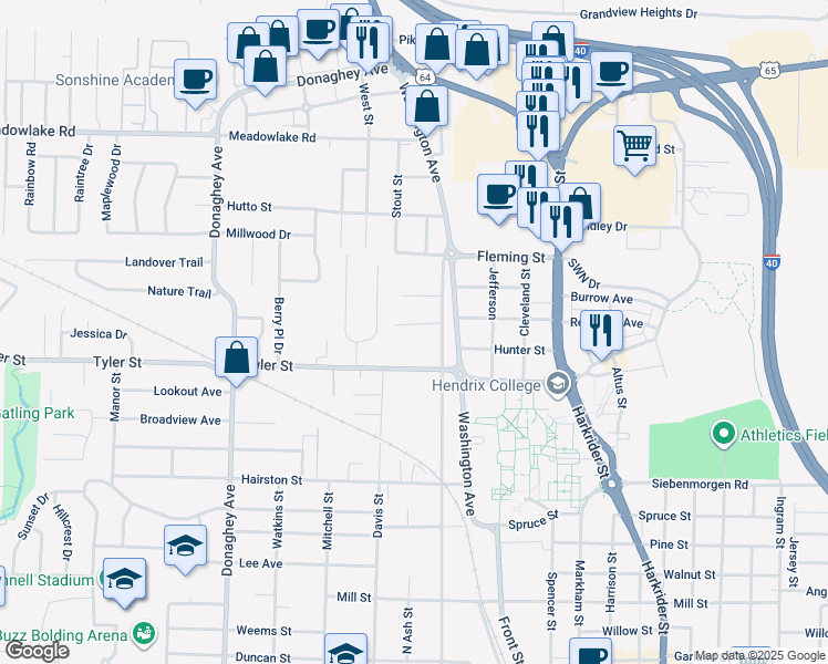 map of restaurants, bars, coffee shops, grocery stores, and more near 1609 Rushing Circle in Conway