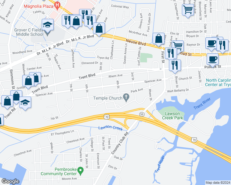 map of restaurants, bars, coffee shops, grocery stores, and more near 1606 Park Avenue in New Bern