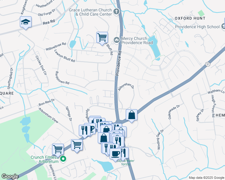 map of restaurants, bars, coffee shops, grocery stores, and more near 3007 Springs Farm Lane in Charlotte