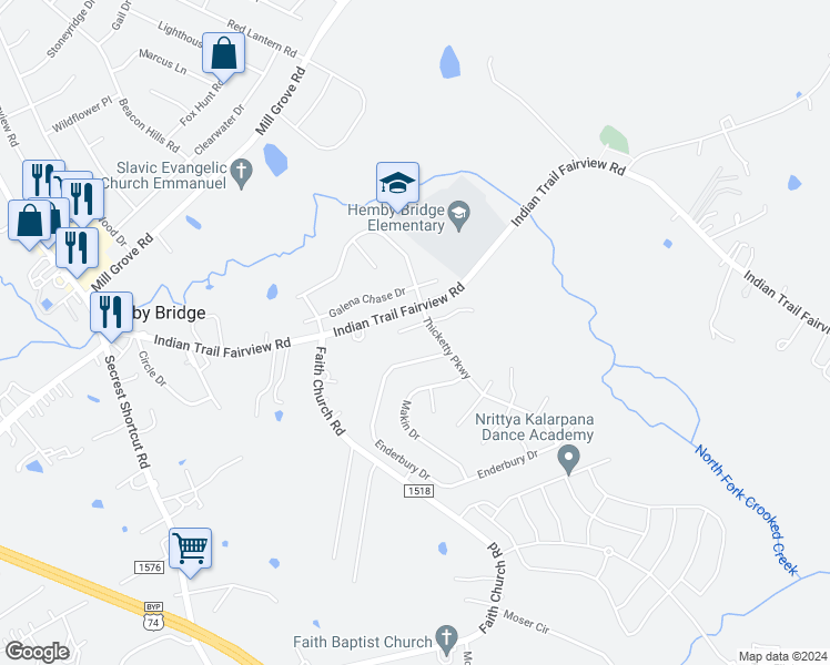 map of restaurants, bars, coffee shops, grocery stores, and more near 1010 Bikar Court in Indian Trail