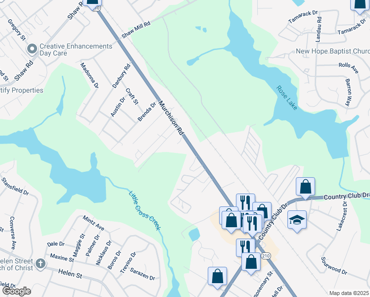 map of restaurants, bars, coffee shops, grocery stores, and more near 4437 Murchison Road in Fayetteville