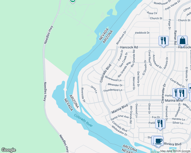map of restaurants, bars, coffee shops, grocery stores, and more near 204 Riverwood Lane in Bullhead City