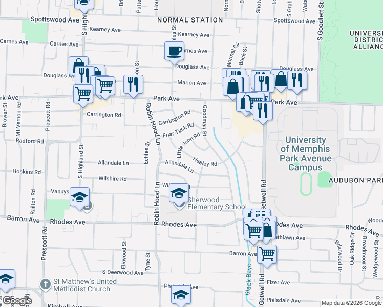 map of restaurants, bars, coffee shops, grocery stores, and more near 986 Little John Road in Memphis