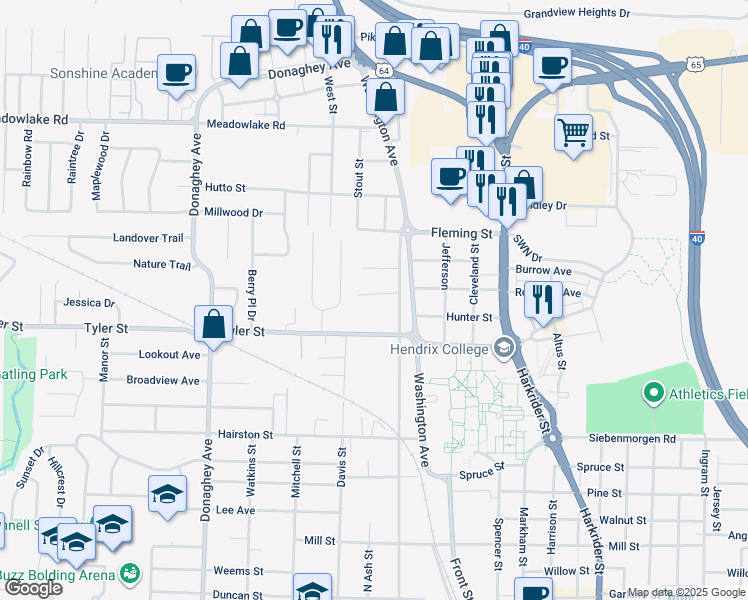 map of restaurants, bars, coffee shops, grocery stores, and more near 1612 Rushing Circle in Conway