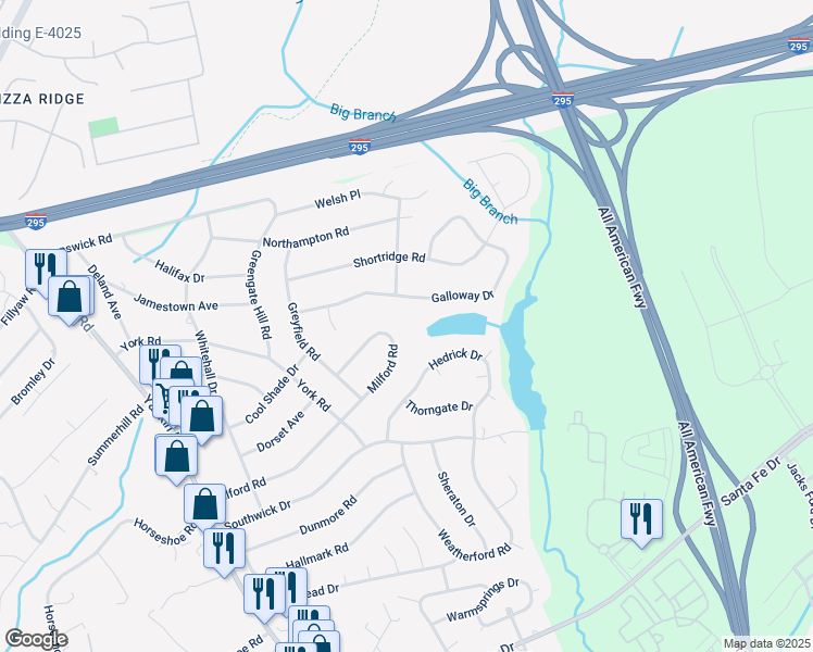 map of restaurants, bars, coffee shops, grocery stores, and more near 6418 Milford Road in Fayetteville