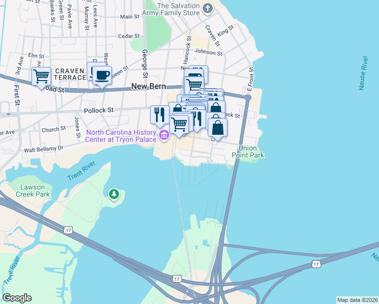 map of restaurants, bars, coffee shops, grocery stores, and more near 117 Middle Street in New Bern