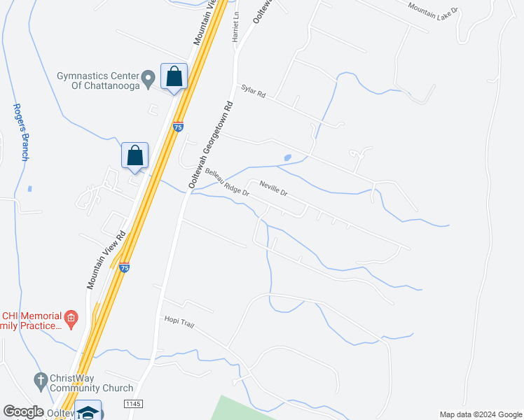 map of restaurants, bars, coffee shops, grocery stores, and more near 6683 Satjanon Drive in Ooltewah