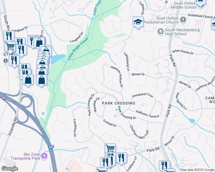 map of restaurants, bars, coffee shops, grocery stores, and more near 9415 Hanover South Trail in Charlotte