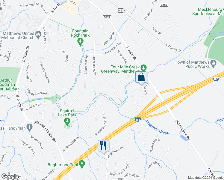 map of restaurants, bars, coffee shops, grocery stores, and more near 1208 Rockwell View Road in Matthews