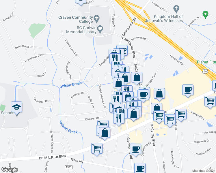 map of restaurants, bars, coffee shops, grocery stores, and more near 1561 College Way in New Bern