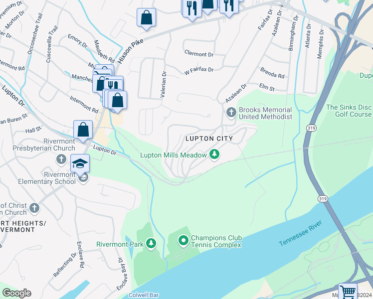 map of restaurants, bars, coffee shops, grocery stores, and more near 3425 Whitney Street in Chattanooga