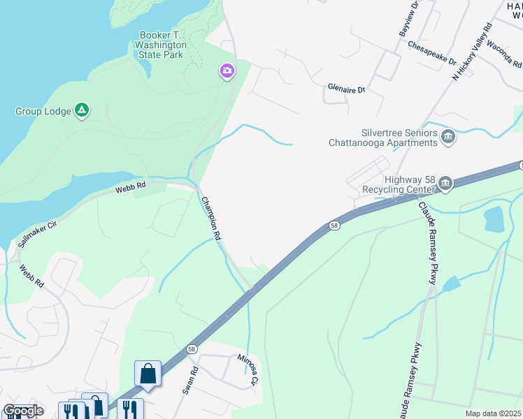 map of restaurants, bars, coffee shops, grocery stores, and more near 5191 Turkey Foot Trail in Chattanooga