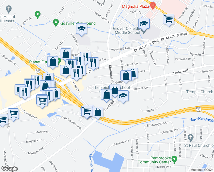 map of restaurants, bars, coffee shops, grocery stores, and more near 2303 Griffin Avenue in New Bern