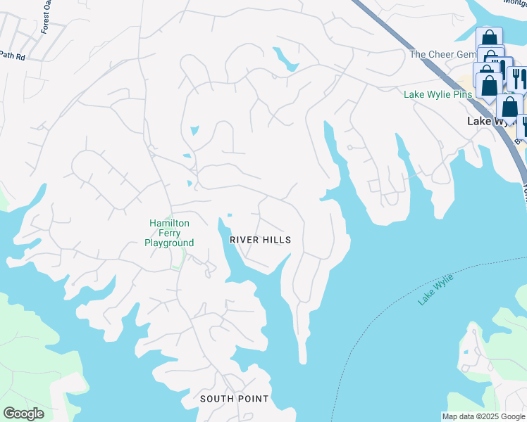 map of restaurants, bars, coffee shops, grocery stores, and more near 12 Marina Road in Lake Wylie