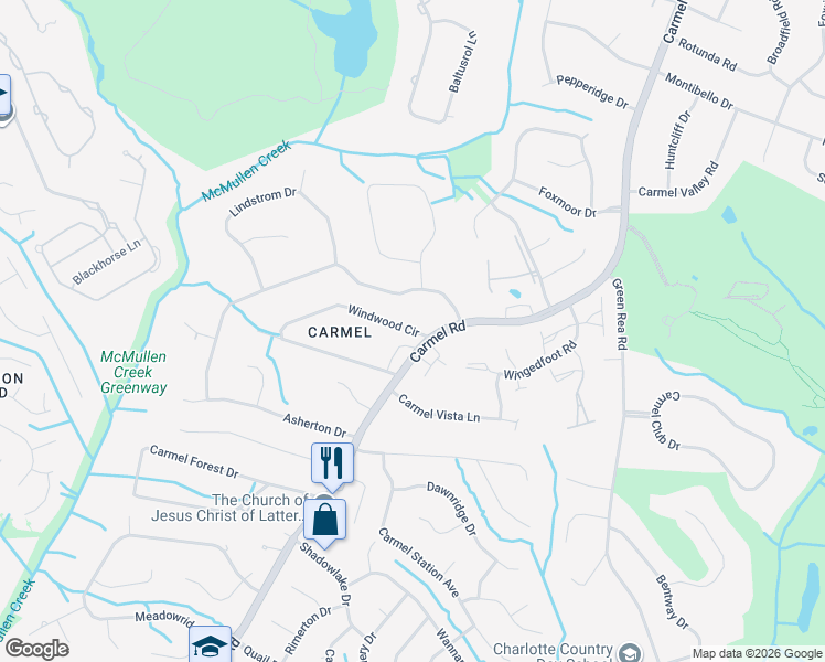 map of restaurants, bars, coffee shops, grocery stores, and more near 4412 Windwood Circle in Charlotte