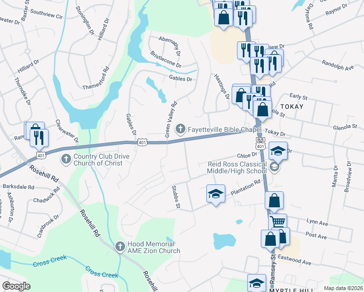 map of restaurants, bars, coffee shops, grocery stores, and more near 404 Country Club Dr in Fayetteville