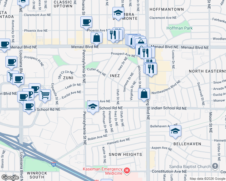 map of restaurants, bars, coffee shops, grocery stores, and more near 2033 Utah Street Northeast in Albuquerque