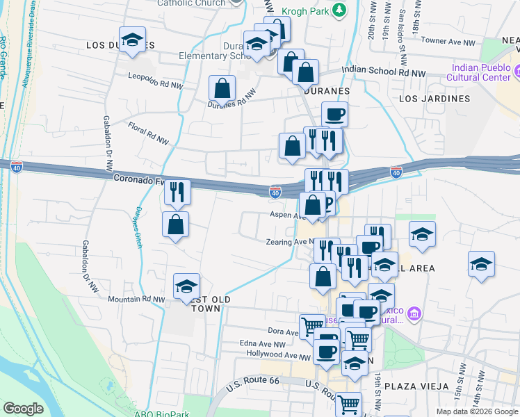 map of restaurants, bars, coffee shops, grocery stores, and more near 2615B Aspen Avenue Northwest in Albuquerque