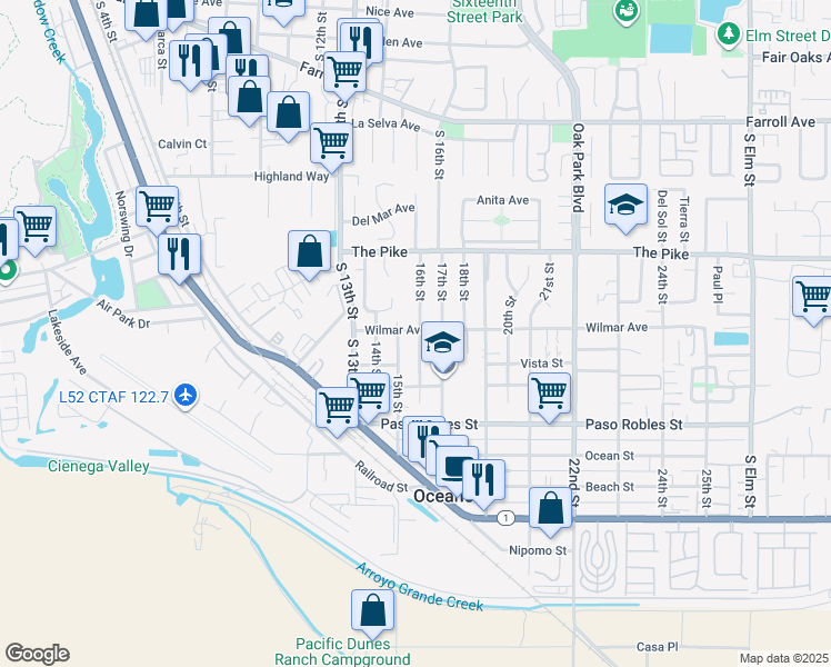 map of restaurants, bars, coffee shops, grocery stores, and more near 1376 16th Street in Oceano