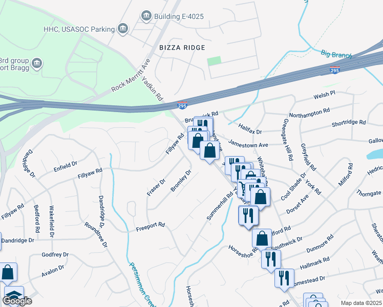 map of restaurants, bars, coffee shops, grocery stores, and more near 6475 Yadkin Road in Fayetteville