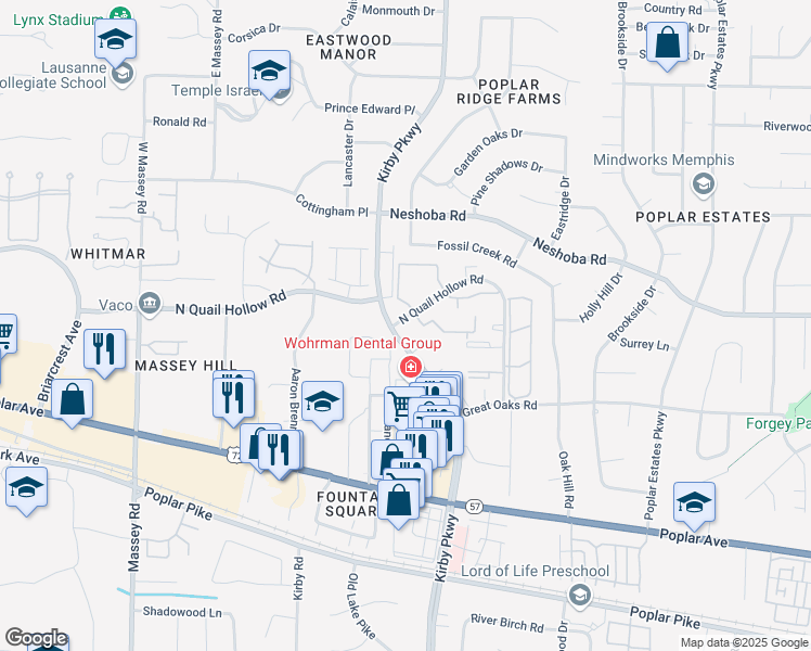 map of restaurants, bars, coffee shops, grocery stores, and more near 1637 Poplar Oaks Circle in Memphis