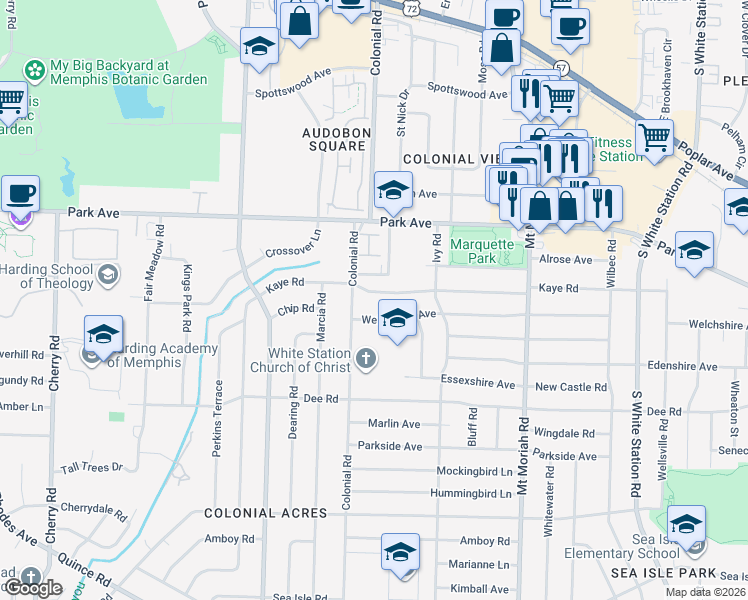 map of restaurants, bars, coffee shops, grocery stores, and more near 4790 Kaye Road in Memphis