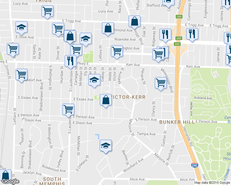 map of restaurants, bars, coffee shops, grocery stores, and more near 747 Orange Avenue in Memphis