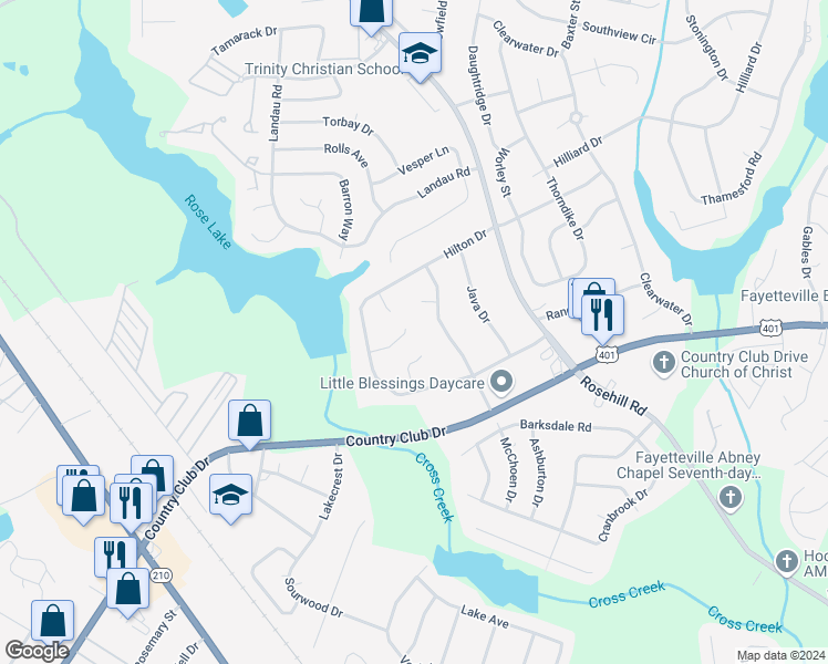 map of restaurants, bars, coffee shops, grocery stores, and more near 3446 Sandystone Circle in Fayetteville