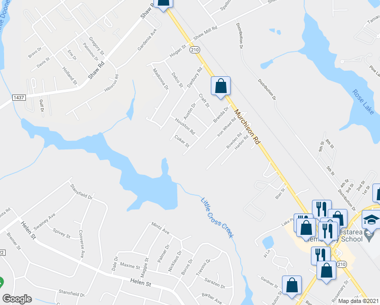 map of restaurants, bars, coffee shops, grocery stores, and more near 1121 Brenda Drive in Fayetteville