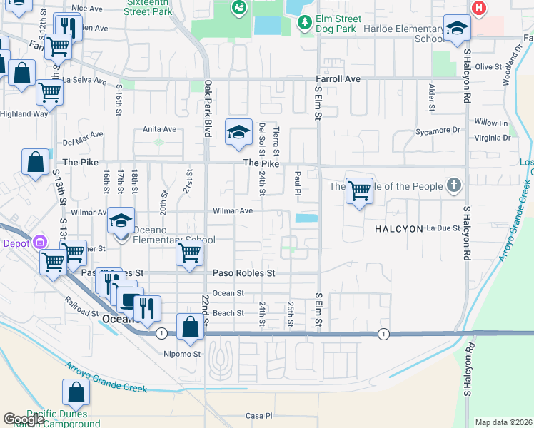 map of restaurants, bars, coffee shops, grocery stores, and more near 1413 24th Street in Oceano
