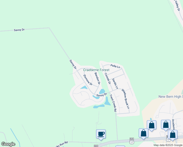 map of restaurants, bars, coffee shops, grocery stores, and more near 114 Westwood Court in New Bern
