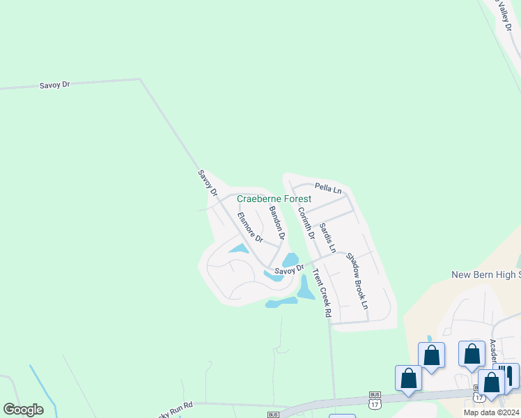 map of restaurants, bars, coffee shops, grocery stores, and more near 114 Westwood Court in New Bern