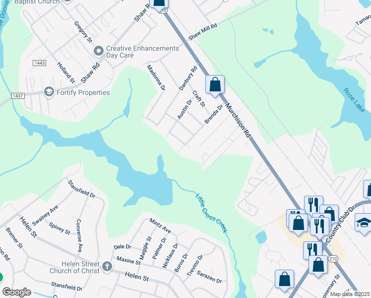 map of restaurants, bars, coffee shops, grocery stores, and more near 1121 Brenda Drive in Fayetteville