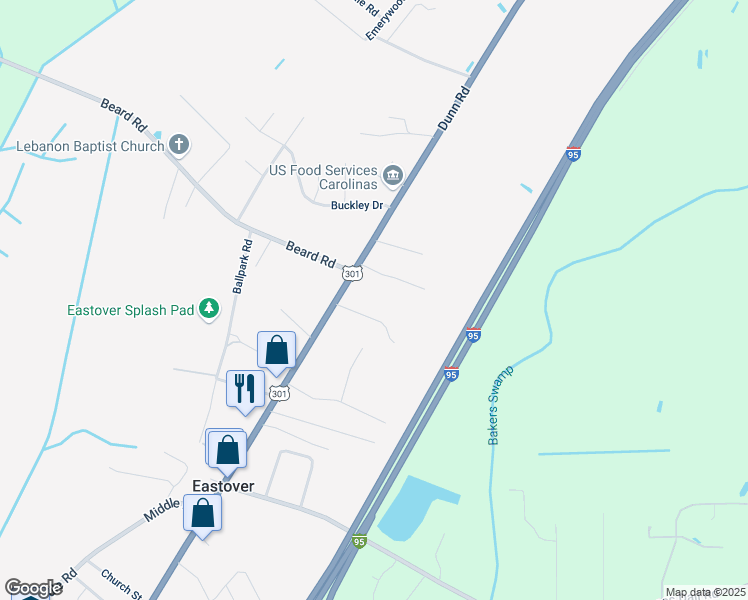 map of restaurants, bars, coffee shops, grocery stores, and more near 4180 Dunn Road in Eastover