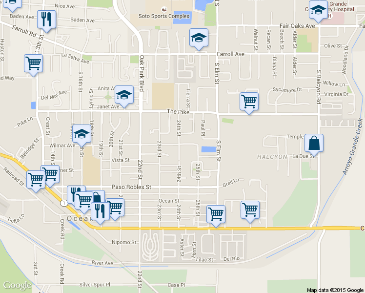 map of restaurants, bars, coffee shops, grocery stores, and more near 1413 24th Street in Oceano