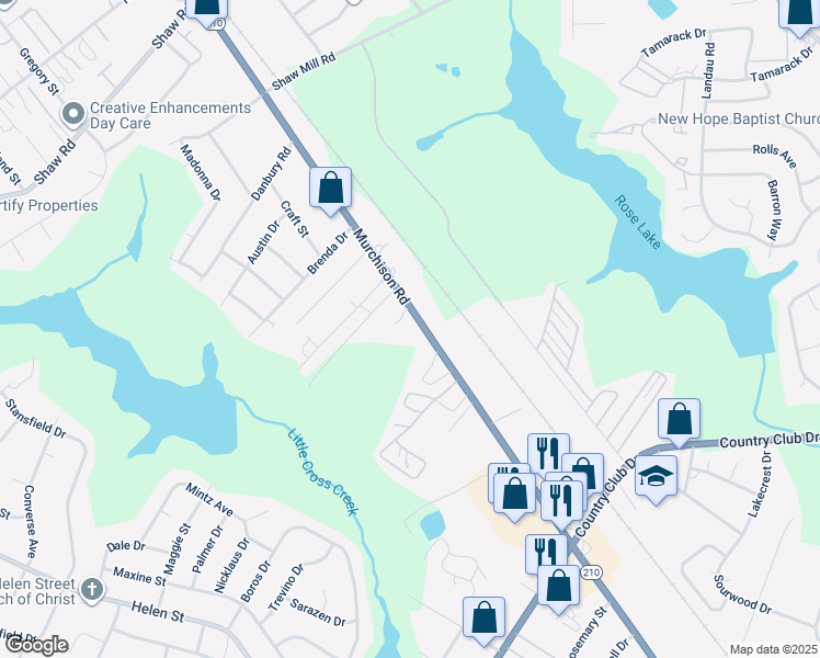 map of restaurants, bars, coffee shops, grocery stores, and more near 4437 Murchison Road in Fayetteville
