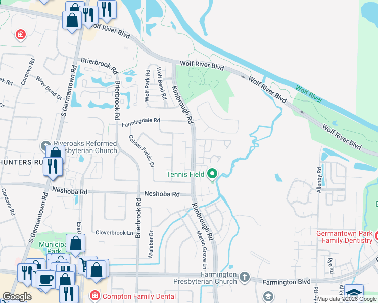 map of restaurants, bars, coffee shops, grocery stores, and more near 1637 Kimbrough Road in Germantown