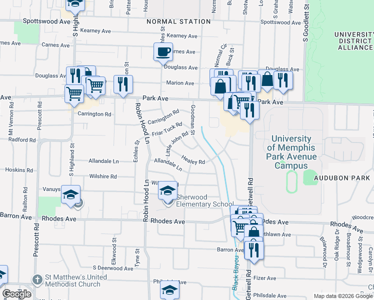 map of restaurants, bars, coffee shops, grocery stores, and more near 983 Goodman Street in Memphis