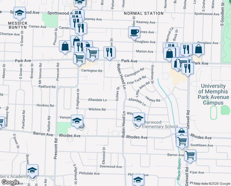 map of restaurants, bars, coffee shops, grocery stores, and more near 984 Patterson Cove in Memphis