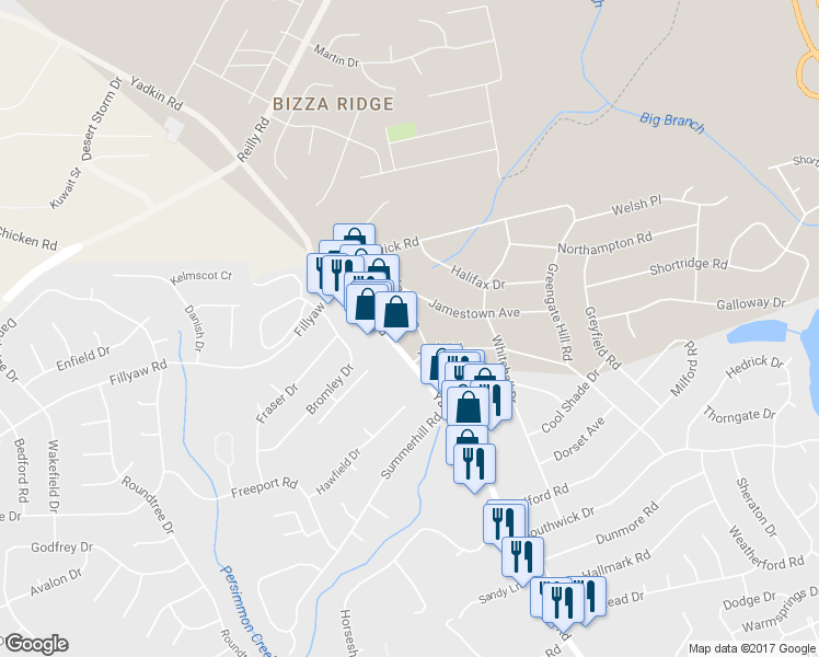 map of restaurants, bars, coffee shops, grocery stores, and more near 6405 Deland Avenue in Fayetteville
