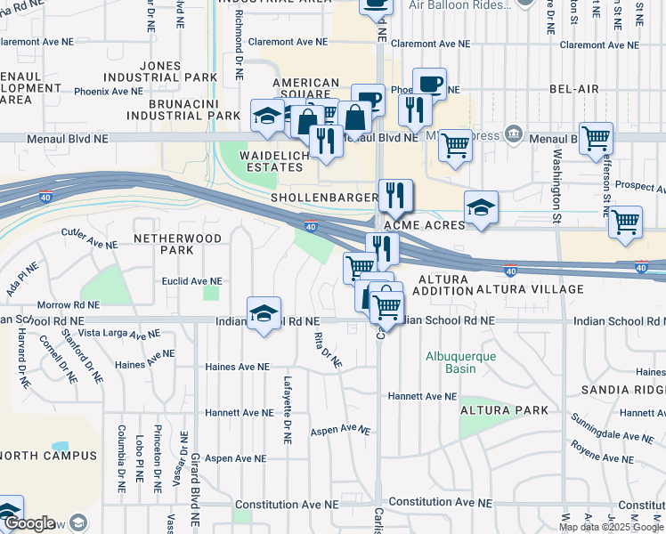 map of restaurants, bars, coffee shops, grocery stores, and more near 1901 Indian Plaza Drive Northeast in Albuquerque