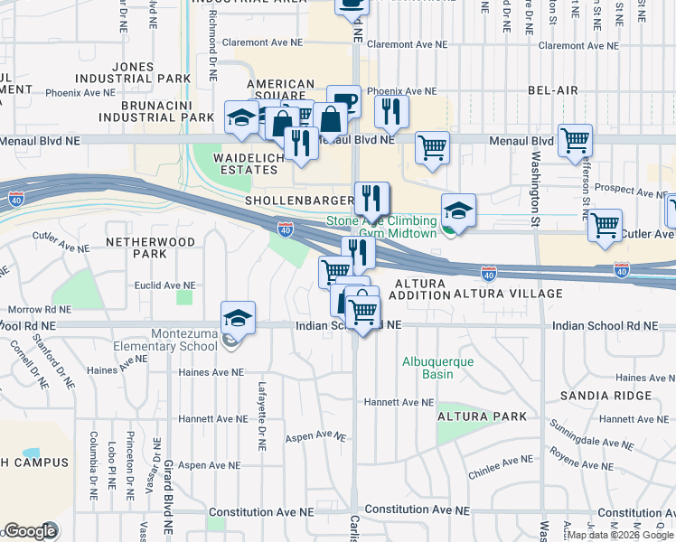 map of restaurants, bars, coffee shops, grocery stores, and more near 1700 Indian Plaza Drive Northeast in Albuquerque