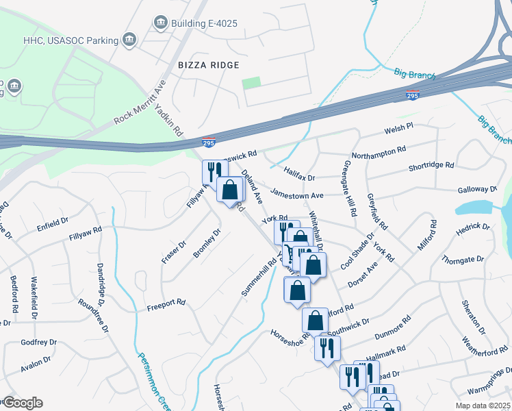 map of restaurants, bars, coffee shops, grocery stores, and more near 6405 Deland Avenue in Fayetteville
