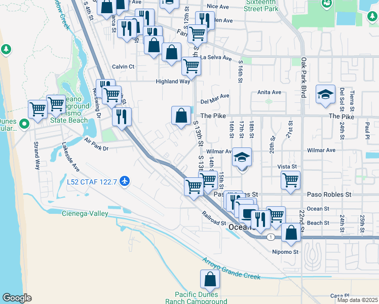 map of restaurants, bars, coffee shops, grocery stores, and more near 1100 Belridge Street in Oceano