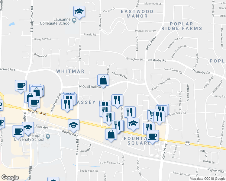 map of restaurants, bars, coffee shops, grocery stores, and more near 6489 North Quail Hollow Road in Memphis