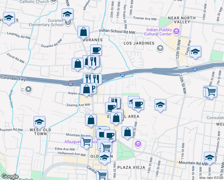 map of restaurants, bars, coffee shops, grocery stores, and more near 1022 21st Street Northwest in Albuquerque