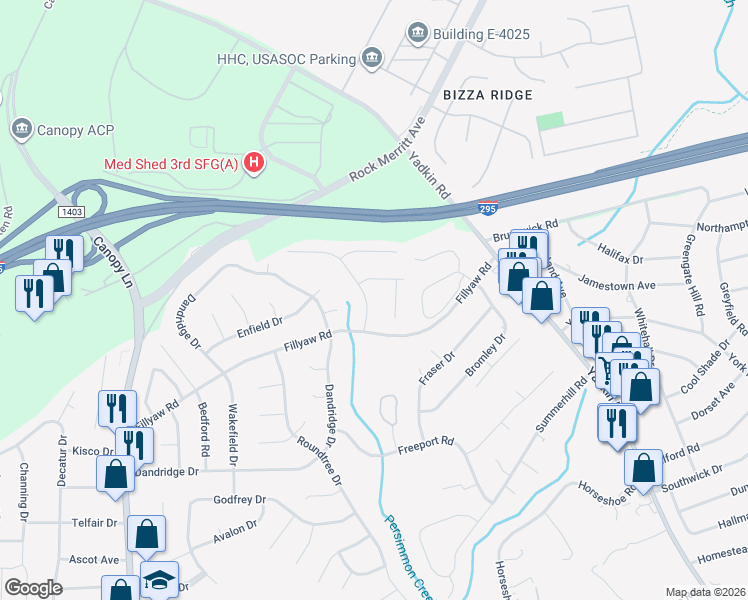 map of restaurants, bars, coffee shops, grocery stores, and more near 834 Danish Drive in Fayetteville