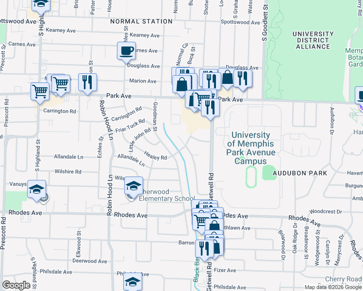 map of restaurants, bars, coffee shops, grocery stores, and more near 977 McEvers Road in Memphis